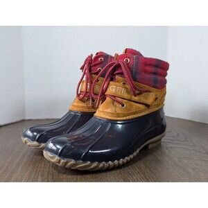 Tommy Hilfiger Ankle Boots Womens 10 Duck Waterproof Plaid Faux Fur Lined Logo